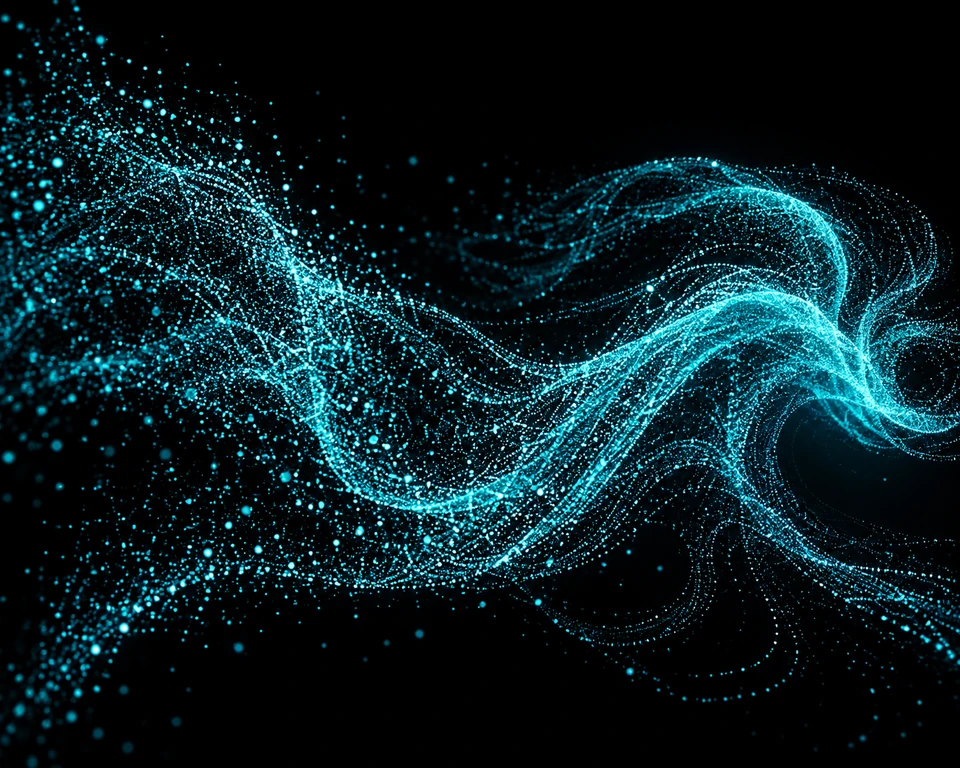Concept visual: fine turquoise particles form a flowing flock.