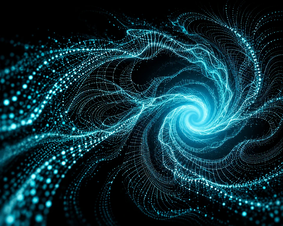 Concept visual: luminous particle strands form a layered vortex.