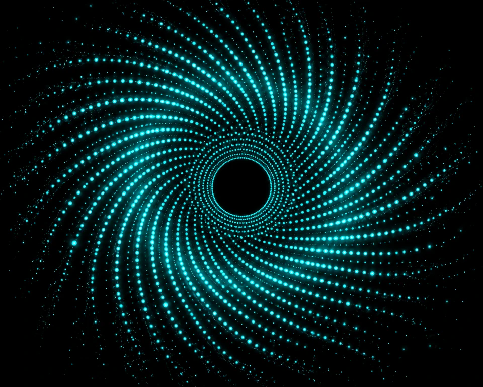 Concept visual: turquoise dots spiral around a dark center.