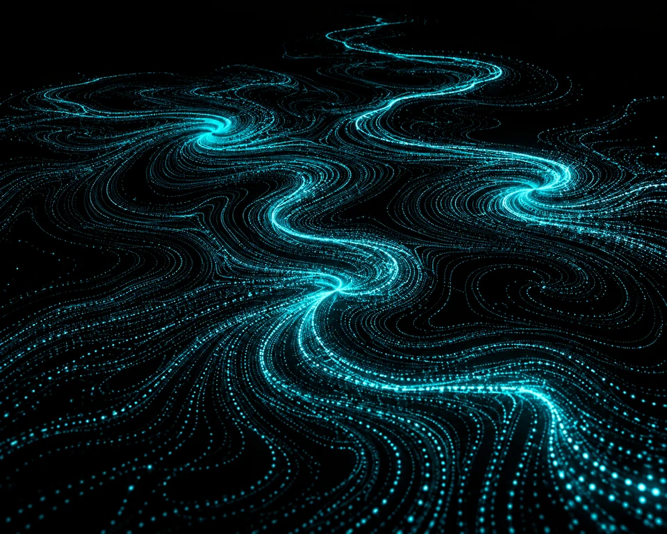 Concept visual: delicate cyan trajectories wander across a dark field.