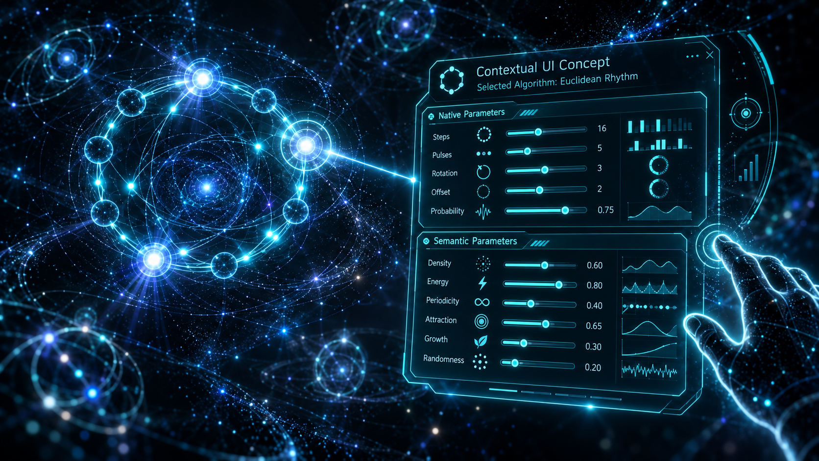Concept art: localized cyan controls beside a luminous algorithm ring, with a hand reaching toward the interface.