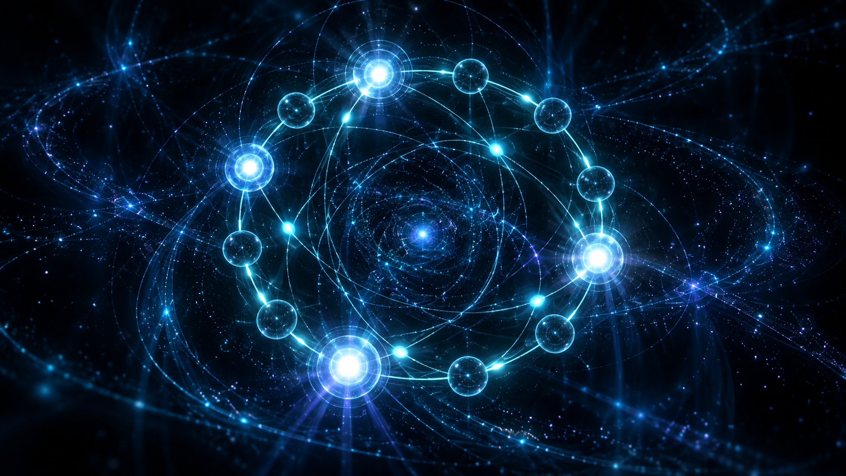 Concept art: luminous blue orbs form a rhythmic ring amid interconnected filaments and particles.